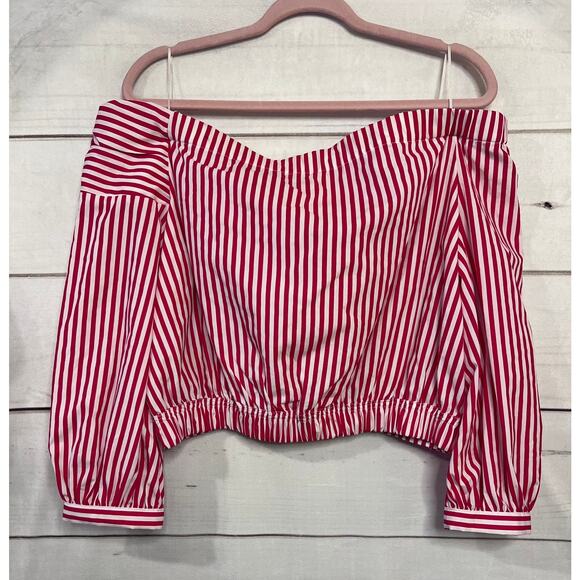 Zara Basic Red White Striped 3/4 sleeve Off the Shoulder Crop Top Size L EUC - Picture 2 of 4